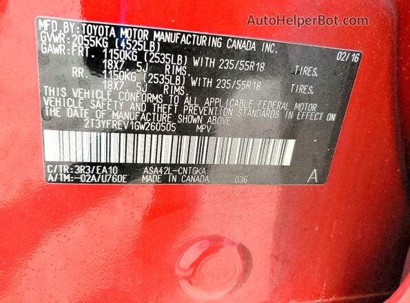 2T3YFREV1GW260505 2016 TOYOTA RAV4 Red Вид наклейки з VIN-кодом