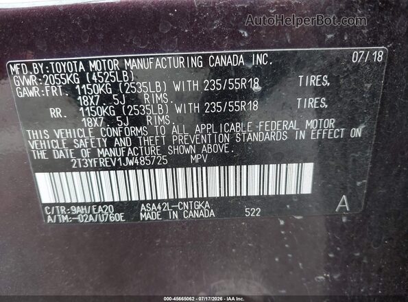 2T3YFREV1JW485725 2018 TOYOTA RAV4 Burgundy Widok komory silnika
