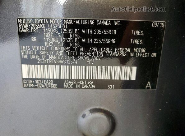 2T3YFREV5HW312574 2017 TOYOTA RAV4 Gray Widok komory silnika