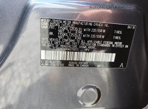2T3YFREV9GW276855 2016 TOYOTA RAV4 Gray VIN կոդի պիտակի տեսք