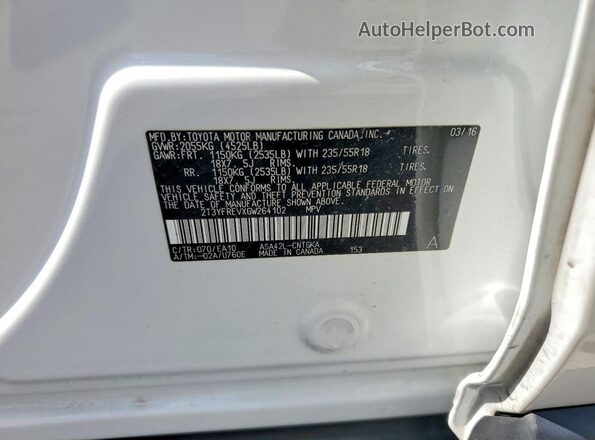 2T3YFREVXGW264102 2016 TOYOTA RAV4 White Widok naklejki z numerem VIN