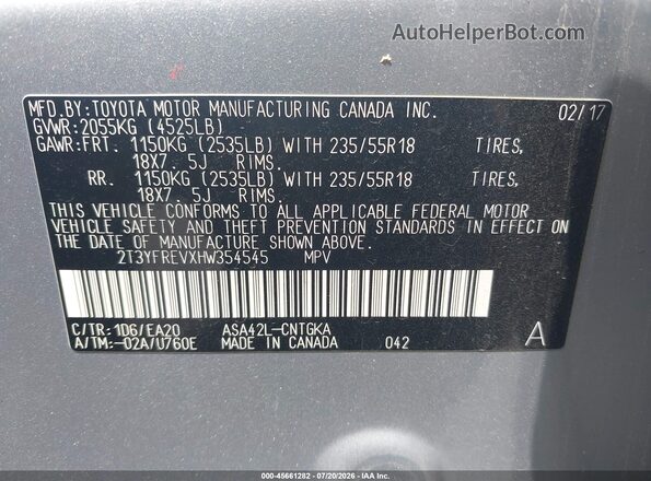 2T3YFREVXHW354545 2017 TOYOTA RAV4 Silver Widok komory silnika