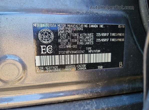 2T3Z1RFV2KW032247 2019 TOYOTA RAV4 Gray Панорамний вид салону 360°