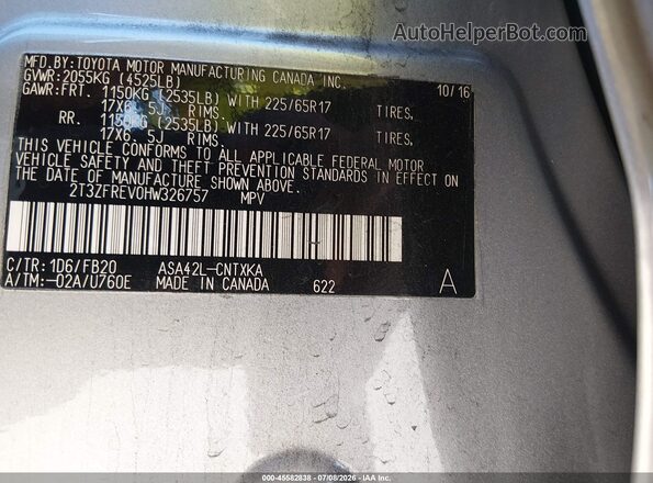 2T3ZFREV0HW326757 2017 TOYOTA RAV4 Silver Vista del compartimento del motor