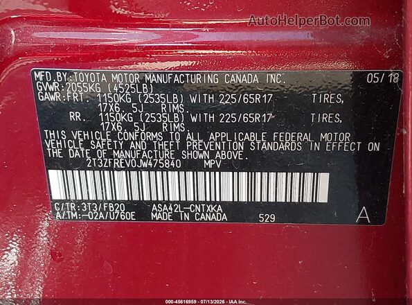 2T3ZFREV0JW475840 2018 TOYOTA RAV4 Red Շարժիչի բաժամունքի տեսք