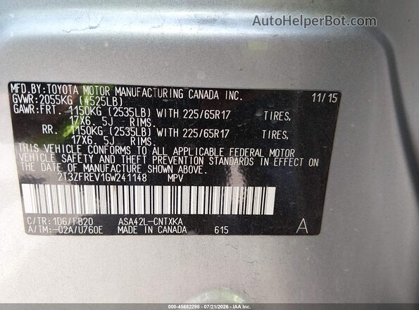 2T3ZFREV1GW241148 2016 TOYOTA RAV4 Silver Вид підкапотного простору
