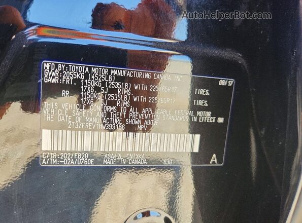 2T3ZFREV1HW399166 2017 TOYOTA RAV4 Black VIN კოდის სტიკერის ხედი