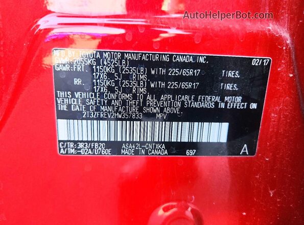 2T3ZFREV2HW357833 2017 TOYOTA RAV4 Red Vista del compartimento del motor
