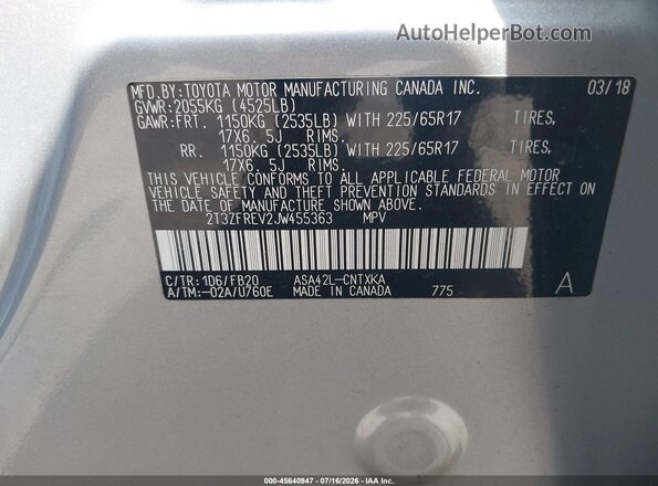 2T3ZFREV2JW455363 2018 TOYOTA RAV4 Silver Вид підкапотного простору