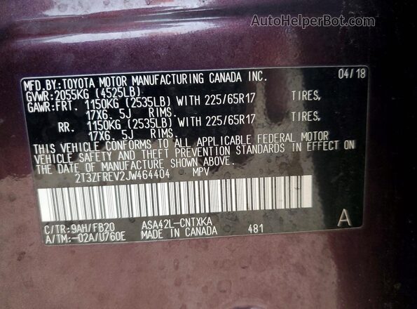 2T3ZFREV2JW464404 2018 TOYOTA RAV4 Purple VIN sticker view