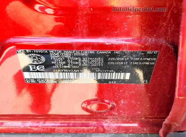 2T3ZFREV3JW416989 2018 TOYOTA RAV4 Red VIN კოდის სტიკერის ხედი
