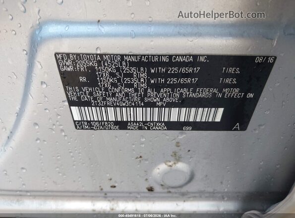 2T3ZFREV4GW304114 2016 TOYOTA RAV4 Серебряный Вид подкапотного пространства