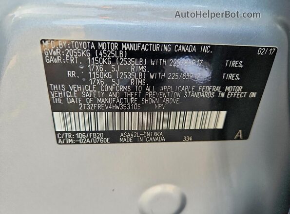 2T3ZFREV4HW353105 2017 TOYOTA RAV4 Серебряный Вид наклейки с VIN-кодом