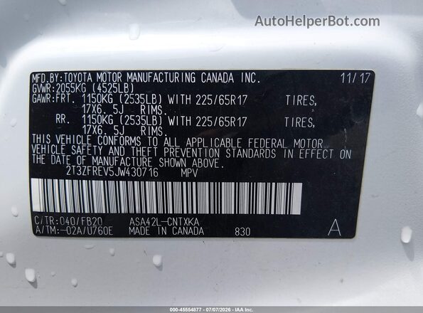 2T3ZFREV5JW430716 2018 TOYOTA RAV4 White Vista del compartimento del motor