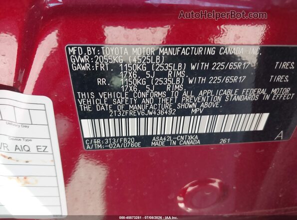 2T3ZFREV6JW436492 2018 TOYOTA RAV4 Red Շարժիչի բաժամունքի տեսք