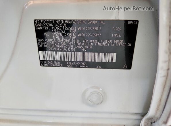 2T3ZFREV7GW312109 2016 TOYOTA RAV4 White VIN կոդի պիտակի տեսք