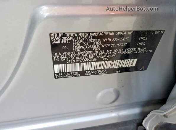 2T3ZFREV7JW452989 2018 TOYOTA RAV4 Silver Вид наклейки з VIN-кодом