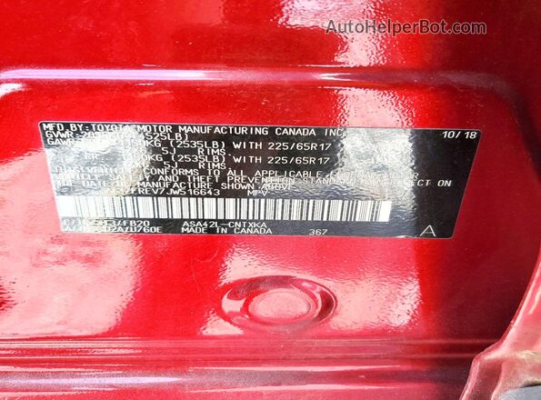 2T3ZFREV7JW516643 2018 TOYOTA RAV4 Red Vista de la etiqueta del VIN