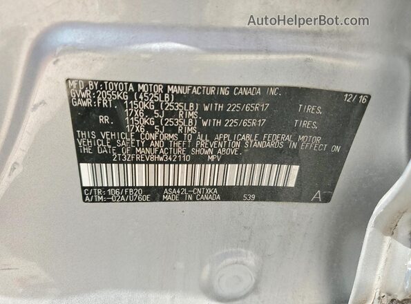 2T3ZFREV8HW342110 2017 TOYOTA RAV4 Silver VIN კოდის სტიკერის ხედი