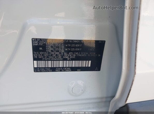 2T3ZFREV8HW369260 2017 TOYOTA RAV4 White Вид підкапотного простору
