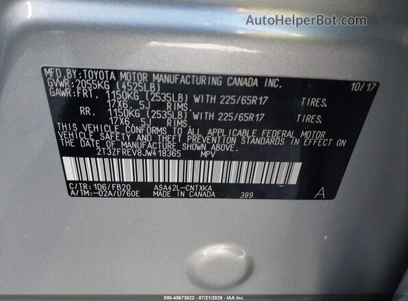 2T3ZFREV8JW418365 2018 TOYOTA RAV4 Silver Vista del compartimento del motor
