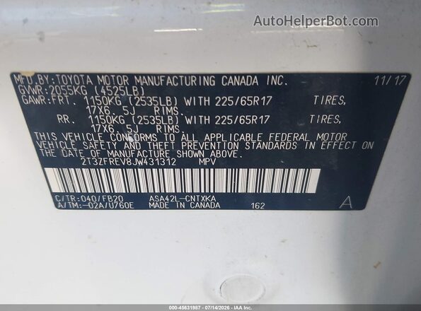 2T3ZFREV8JW431312 2018 TOYOTA RAV4 White Vista del compartimento del motor