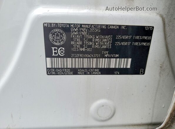 2T3ZFREV9GW243701 2016 TOYOTA RAV4 White VIN կոդի պիտակի տեսք