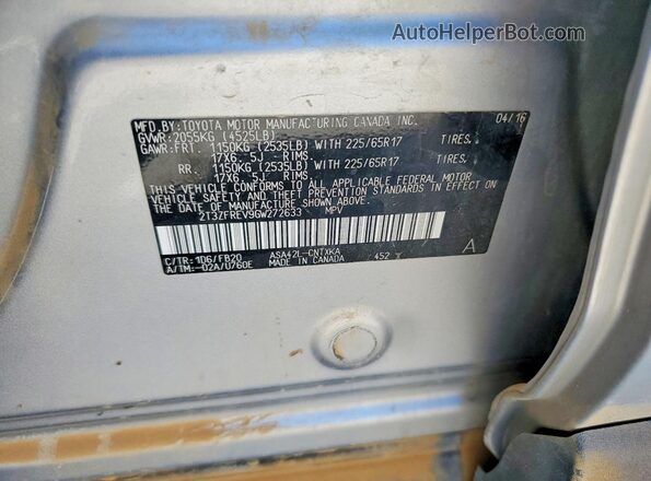 2T3ZFREV9GW272633 2016 TOYOTA RAV4 Серебряный Вид наклейки с VIN-кодом