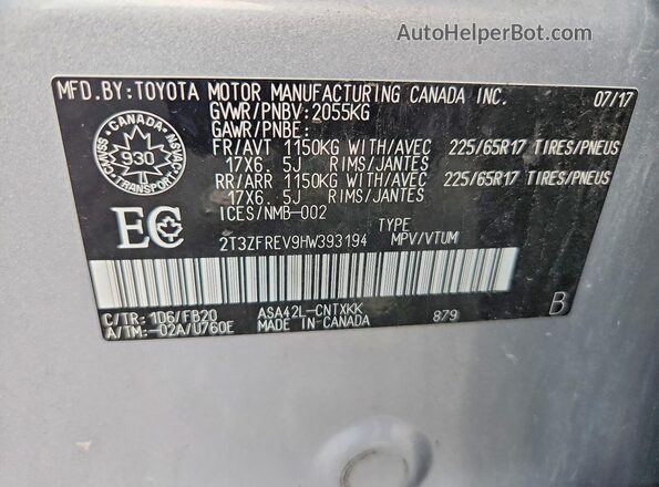 2T3ZFREV9HW393194 2017 TOYOTA RAV4 Silver Vista de la etiqueta del VIN