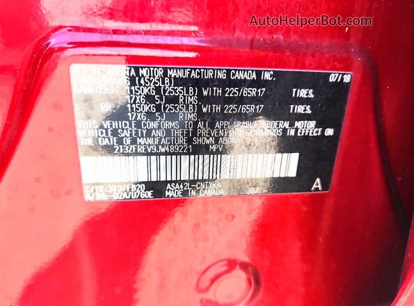 2T3ZFREV9JW489221 2018 TOYOTA RAV4 Red Vista del compartimento del motor