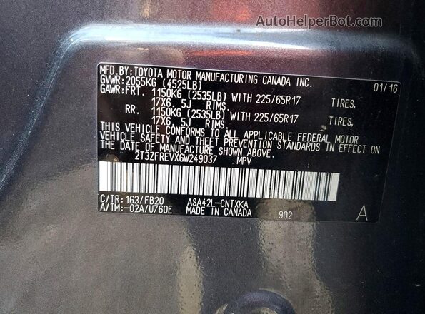 2T3ZFREVXGW249037 2016 TOYOTA RAV4 Gray Панорамний вид салону 360°