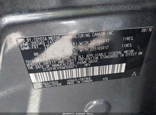 2T3ZFREVXGW306871 2016 TOYOTA RAV4 Gray Вид підкапотного простору
