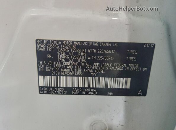 2T3ZFREVXHW343551 2017 TOYOTA RAV4 White Engine compartment view