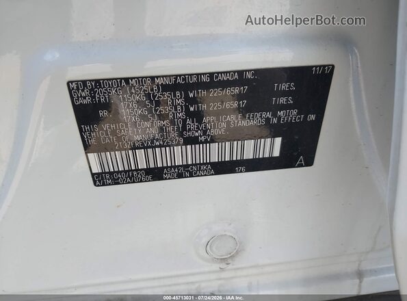 2T3ZFREVXJW425379 2018 TOYOTA RAV4 White ძრავის განყოფილების ხედი