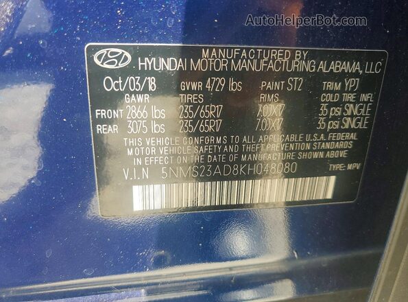 5NMS23AD8KH048080 2019 HYUNDAI SANTA FE Blue Панорамний вид салону 360°