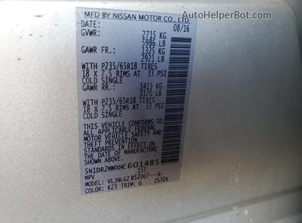 5N1DR2MMXHC601485 2017 NISSAN PATHFINDER Silver Սալոնի 360 աստիճան տեսք