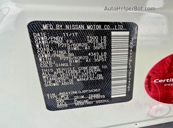 JN8AY2NE0J9734362 2018 NISSAN ARMADA Белый Вид задней части салона