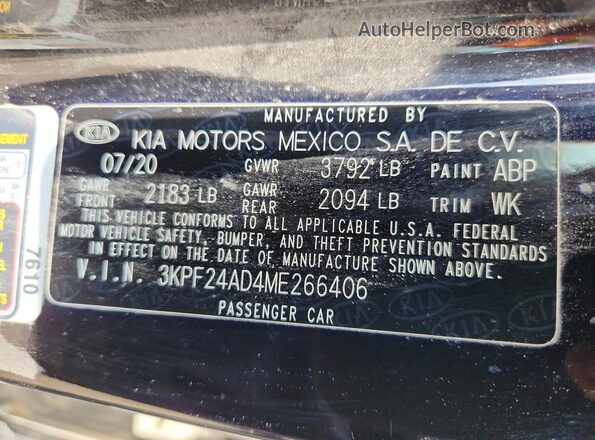 3KPF24AD4ME266406 2021 KIA FORTE Black Vista de la etiqueta del VIN