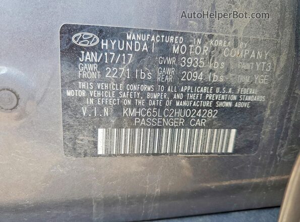 KMHC65LC2HU024282 2017 HYUNDAI IONIQ Gray Вид наклейки з VIN-кодом