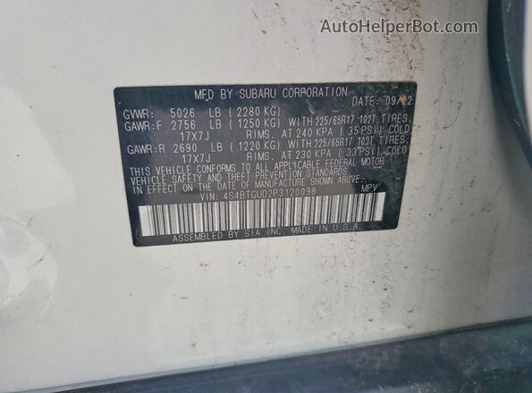 4S4BTGUD2P3120098 2023 SUBARU OUTBACK White VIN კოდის სტიკერის ხედი