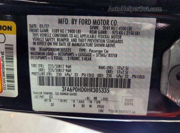 3FA6P0HD0HR305335 2017 FORD FUSION Black Vista de la etiqueta del VIN