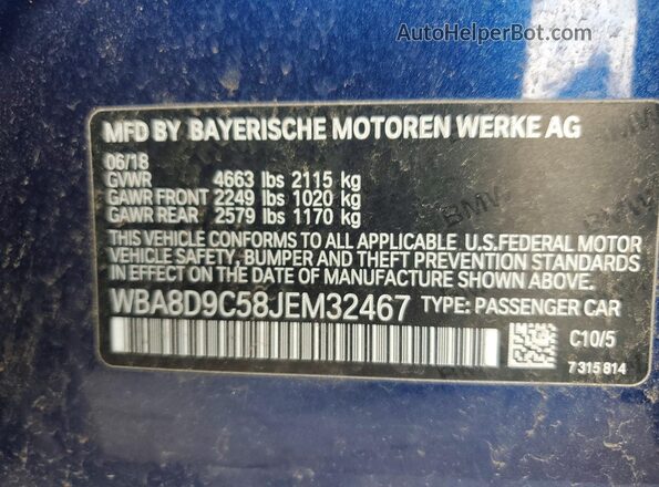 WBA8D9C58JEM32467 2018 BMW 3 SERIES Синий Вид наклейки с VIN-кодом