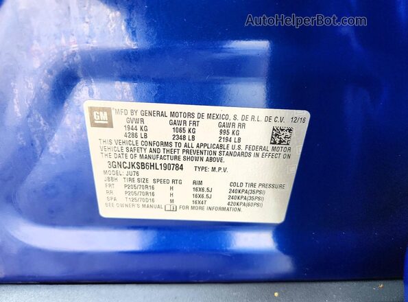3GNCJKSB6HL190784 2017 CHEVROLET TRAX Blue ძრავის განყოფილების ხედი