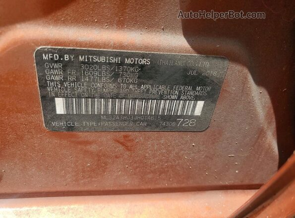 ML32A3HJ3JH014615 2018 MITSUBISHI MIRAGE Orange Widok naklejki z numerem VIN