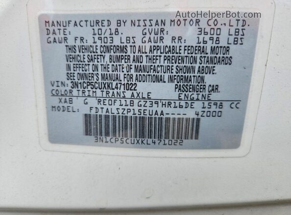 3N1CP5CUXKL471022 2019 NISSAN KICKS White VIN sticker view