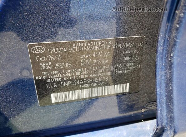 5NPE24AF8HH518981 2017 HYUNDAI SONATA Blue VIN კოდის სტიკერის ხედი