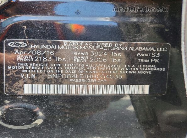 5NPD84LF1HH054035 2017 HYUNDAI ELANTRA Black Vista de la etiqueta del VIN