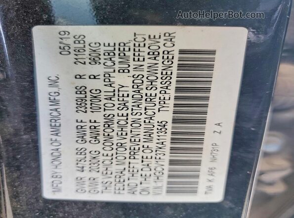 1HGCV1F37KA113545 2019 HONDA ACCORD Black Vista de la etiqueta del VIN