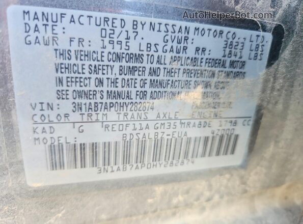 3N1AB7AP0HY282874 2017 NISSAN SENTRA Серый Вид наклейки с VIN-кодом