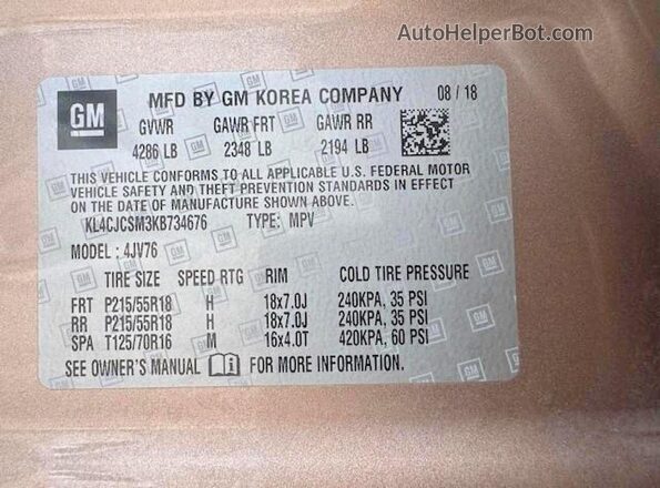 KL4CJCSM3KB734676 2019 BUICK ENCORE Желто-коричневый 